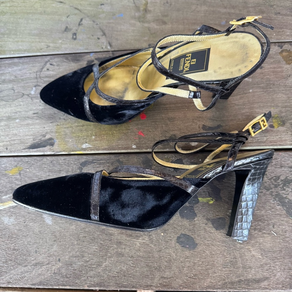 Fendi Black Velvet Cross-Strap Heels - Picture 7 of 9